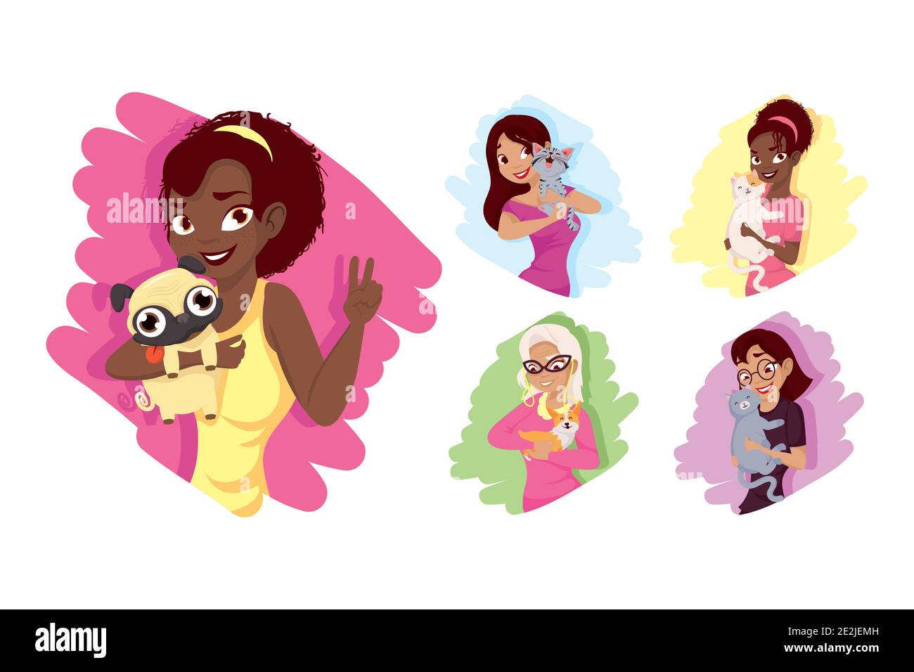 Femmes avec chiens et chats mascottes Icon Set design, animaux de la nature et thème domestique illustration vectorielle Illustration de Vecteur