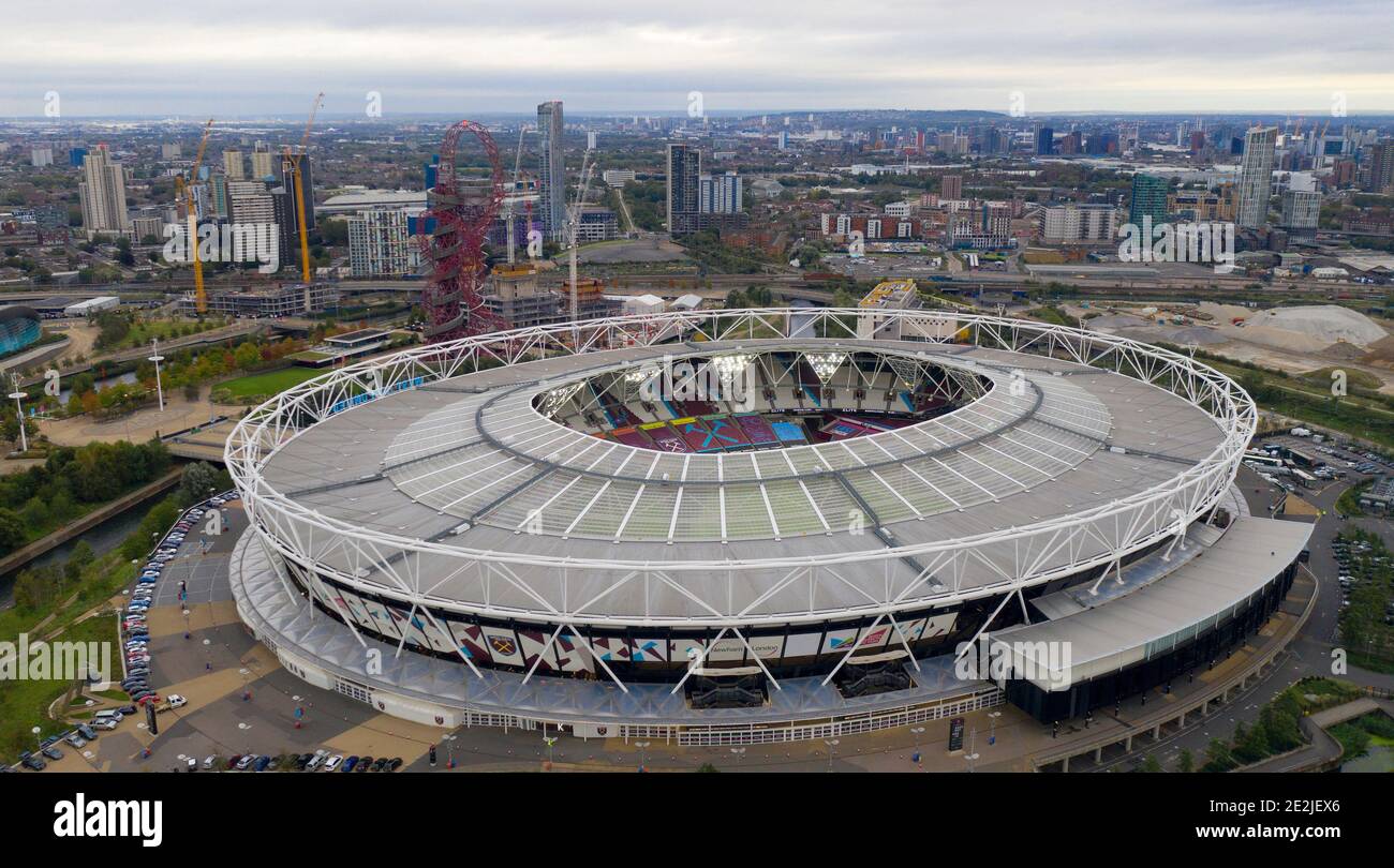 Une vue aérienne du stade de Londres, stade de la maison de West Ham United Copyright 2020 © Sam Bagnall Banque D'Images