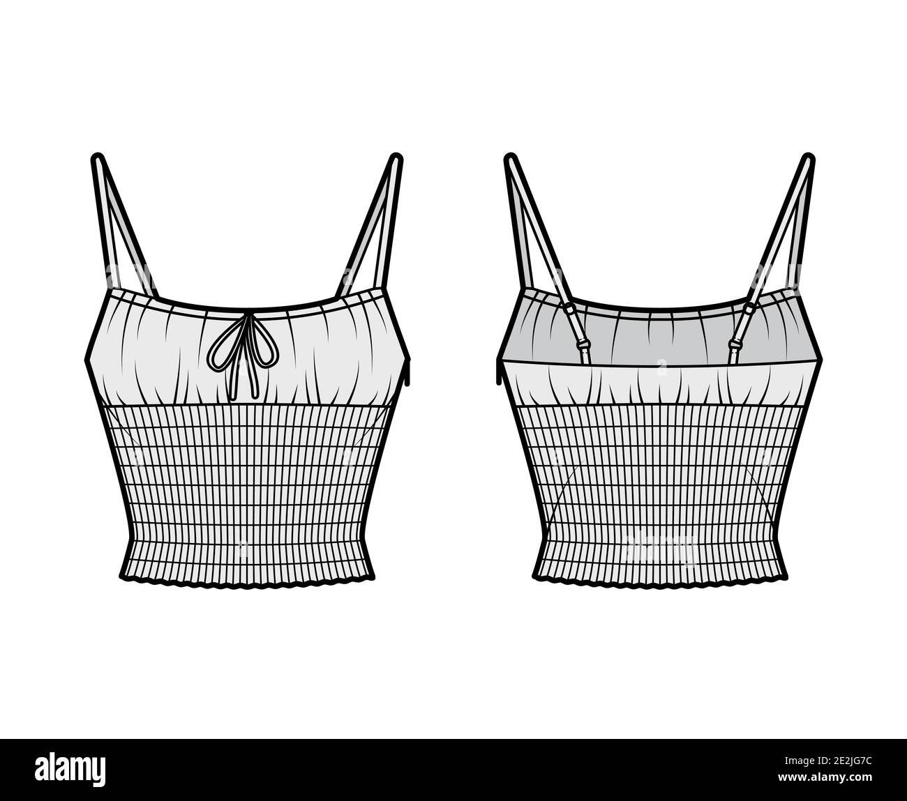 Haut de la mode Shirred illustration technique avec camisole à décolleté  rond, bretelles réglables, élastique à la taille. Modèle de vêtement sans  pinces à l'avant et à l'arrière de couleur grise. Chemise