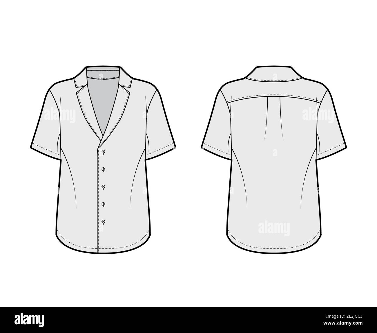 Chemise de pyjama technique avec silhouette ample, col cranté pointu, boutons sur le devant, manches courtes. Modèle de vêtement plat avant arrière de couleur grise. Femmes hommes unisexe haut Illustration de Vecteur