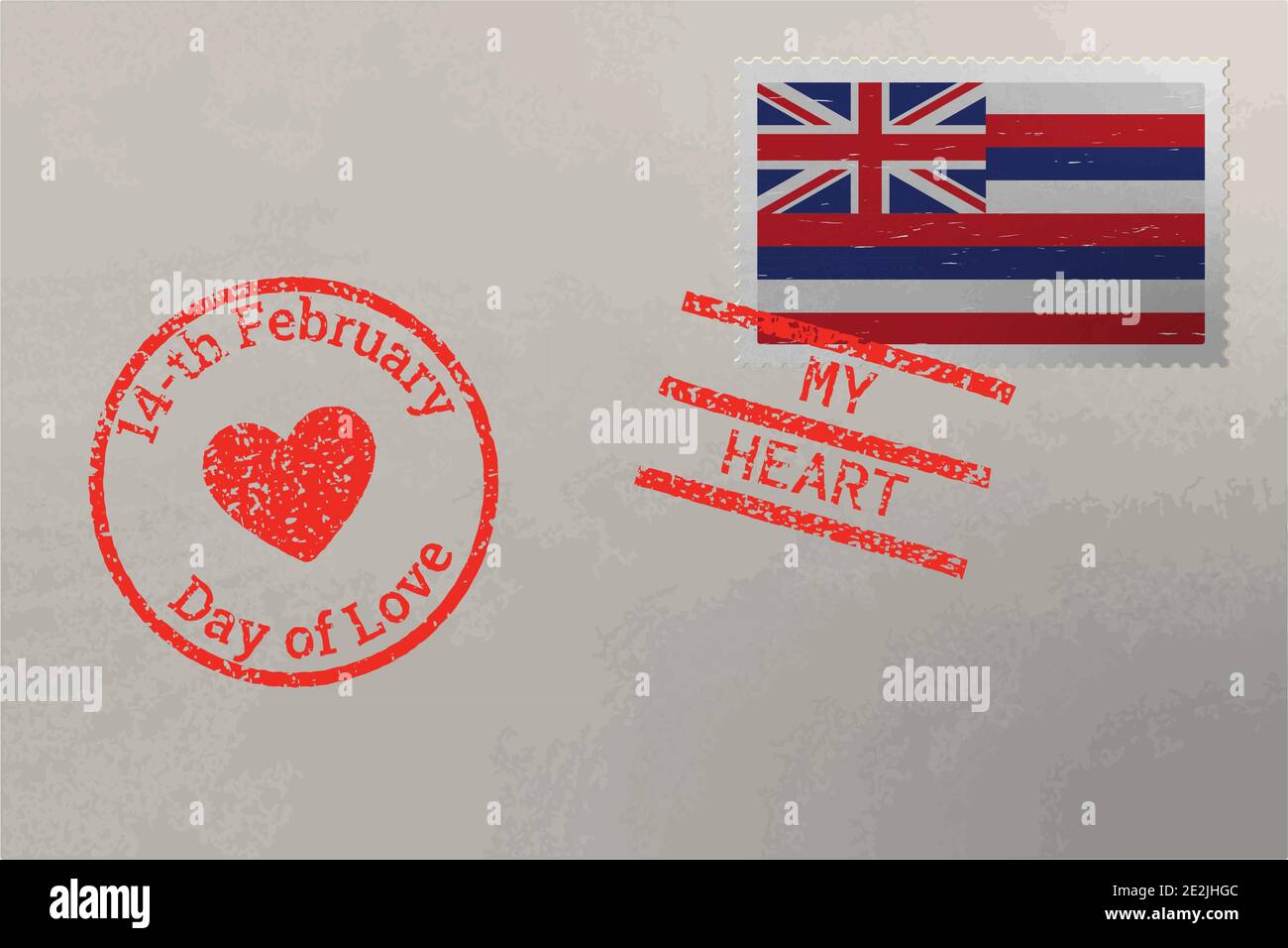 Enveloppe de timbre-poste avec drapeau américain d'Hawaï et timbres de Saint-Valentin, vecteur Illustration de Vecteur