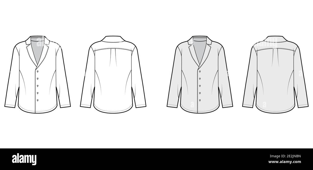 Chemise de pyjama technique avec silhouette ample, col cranté pointu, boutons sur le devant, manches longues. Modèle plat avant arrière blanc gris couleur. Femmes hommes unisexe haut Illustration de Vecteur