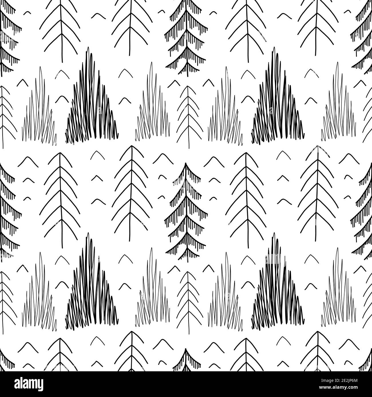 Motif sans couture d'arbres de sapins lagom simples avec des hachures et des traits. Épicéa crayon dessiné à la main. Texture d'encre de fête Vector scandi pour tissus, wrappin Illustration de Vecteur