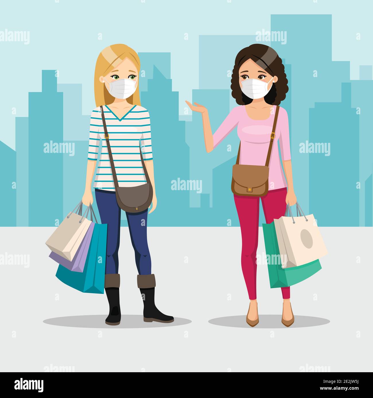 Journée de shopping entre amis avec masque sur fond de ville. Deux femmes heureuses dans la rue. Illustration du vecteur de personnes Illustration de Vecteur