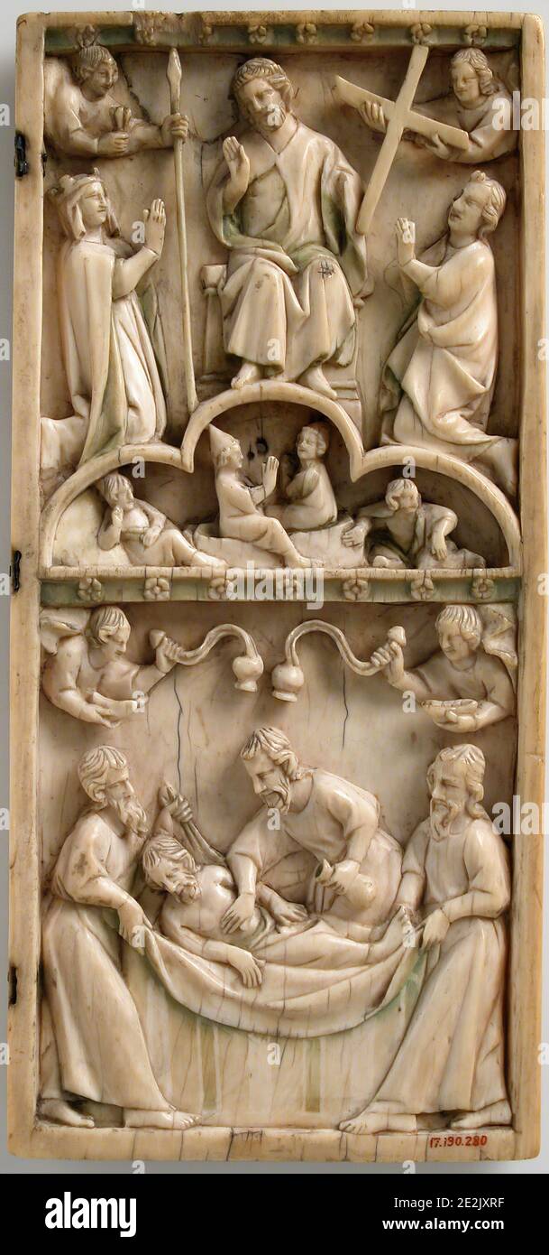 Feuille d'un diptyque ivoire, français, 1250-1300. Agenouillement de Marie et de Saint John Banque D'Images