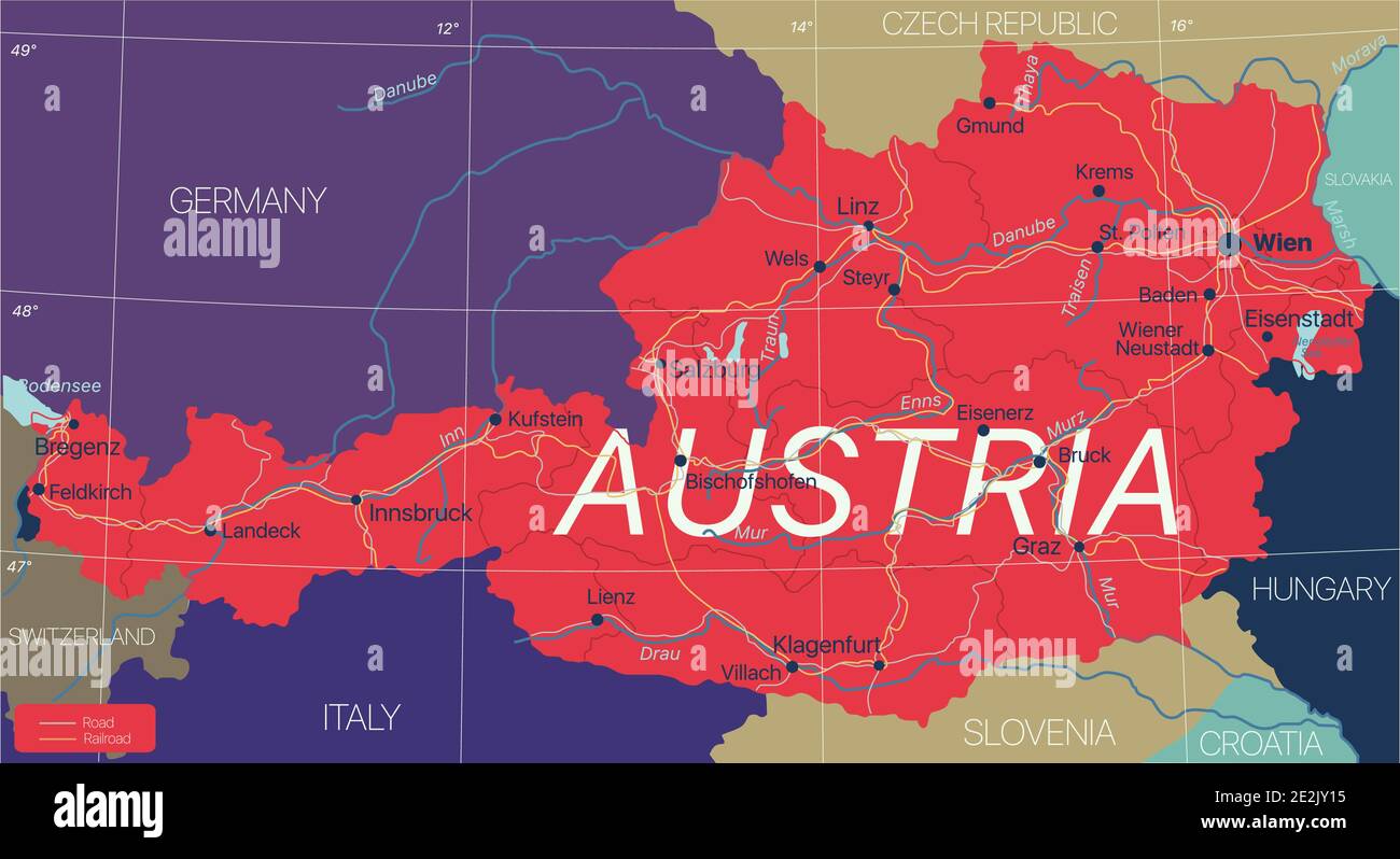 Autriche carte détaillée modifiable avec villes, routes et chemins de fer. Fichier vectoriel EPS-10 Illustration de Vecteur