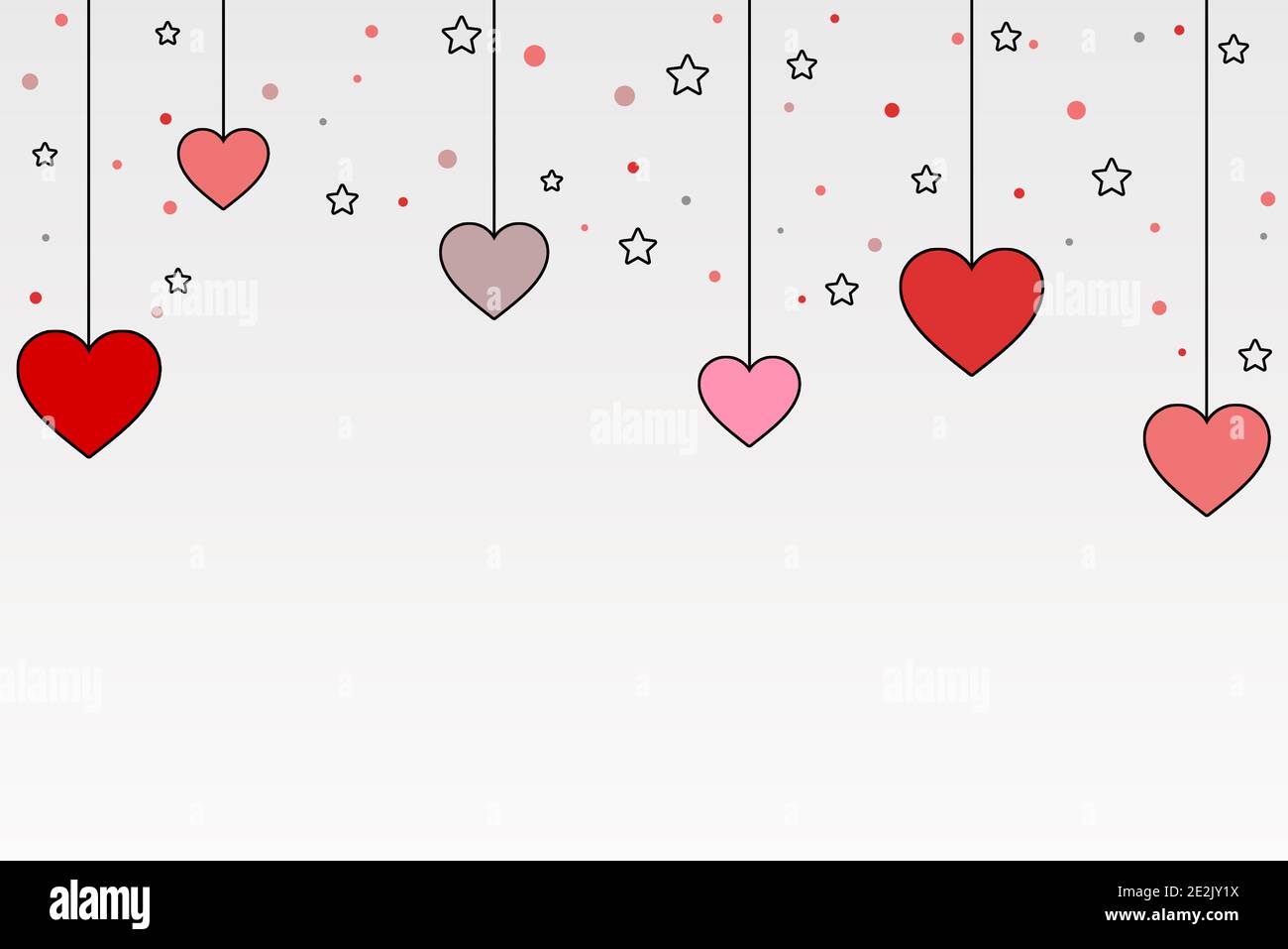 Illustration de la saint-valentin, sur fond blanc dégradé avec des coeurs roses suspendus, des étoiles et des points.mariage dessing. Banque D'Images