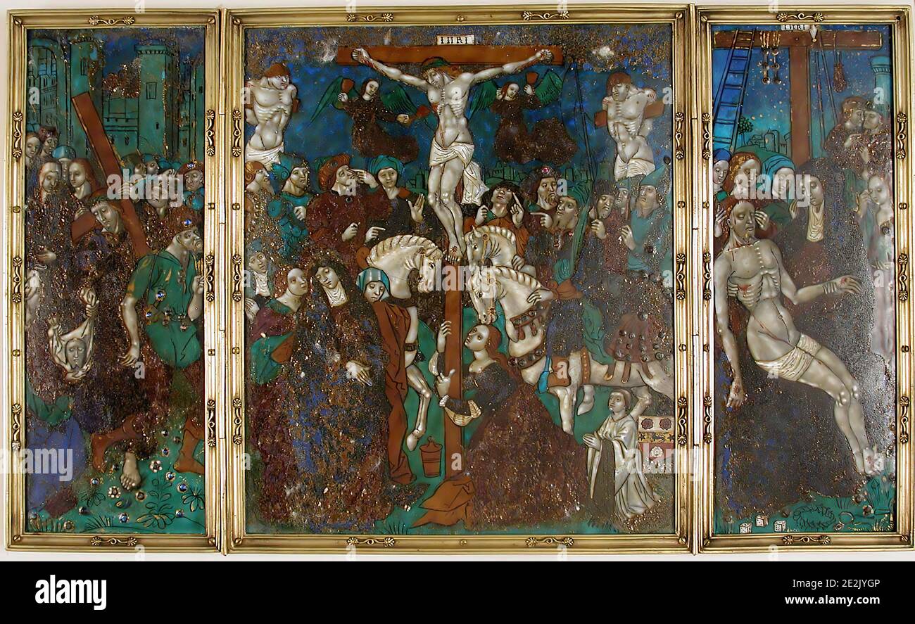 Triptyque avec le chemin de Calvaire, Crucifixion, et Descent de la Croix, français, 16ème siècle. Banque D'Images