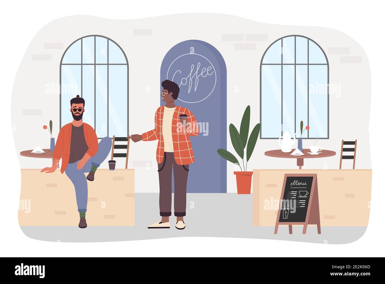 Personnes dans le café, illustration vectorielle de café. Dessin animé jeune homme hipster personnage assis à l'intérieur d'un café confortable avec une tasse de café, parlant avec un ami. Rencontre amicale isolée sur blanc Illustration de Vecteur