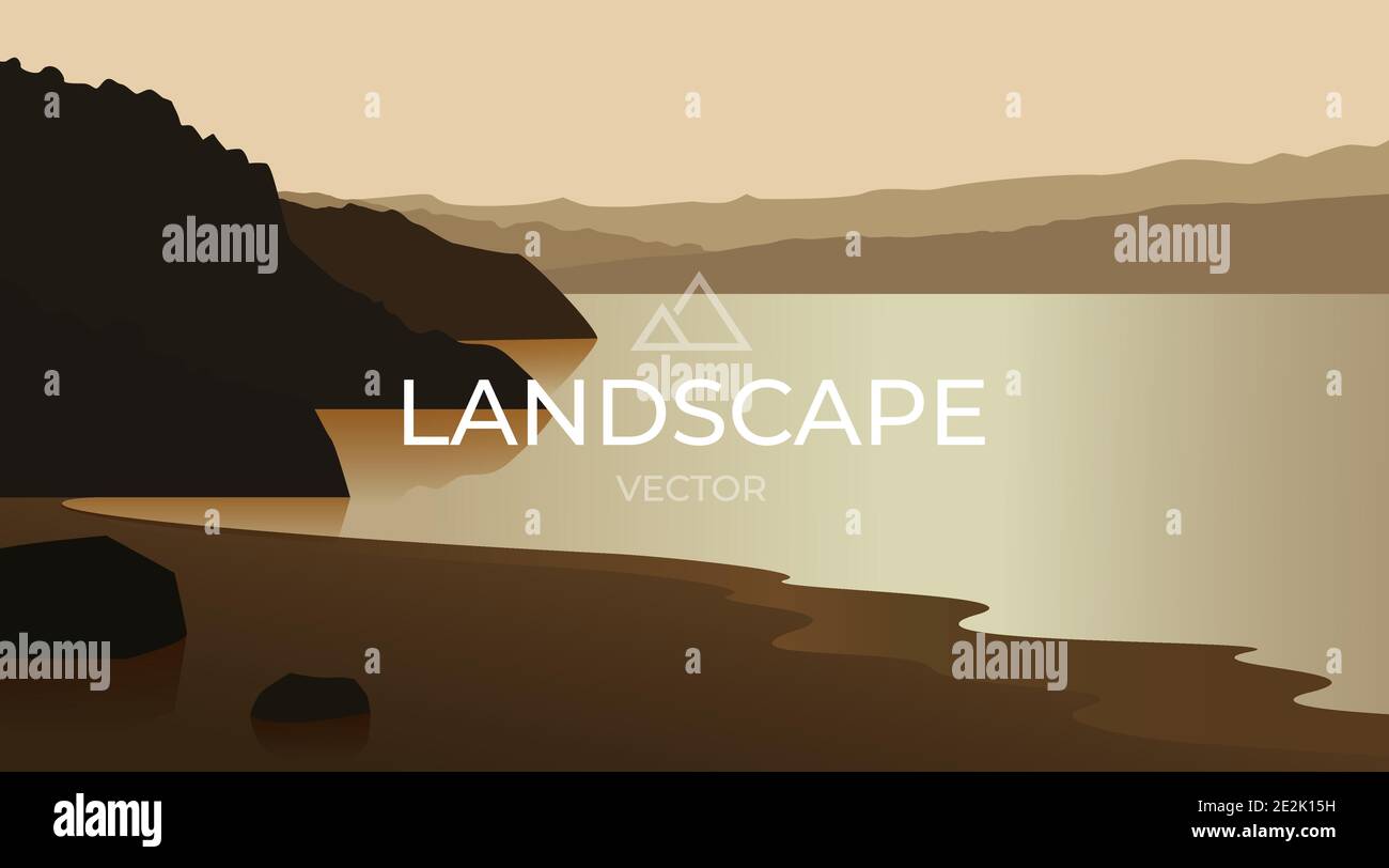 Paysage avec silhouettes de montagnes mer ou océan. Coucher de soleil sur la mer. Arrière-plan de la nature. Illustration vectorielle. Illustration de Vecteur