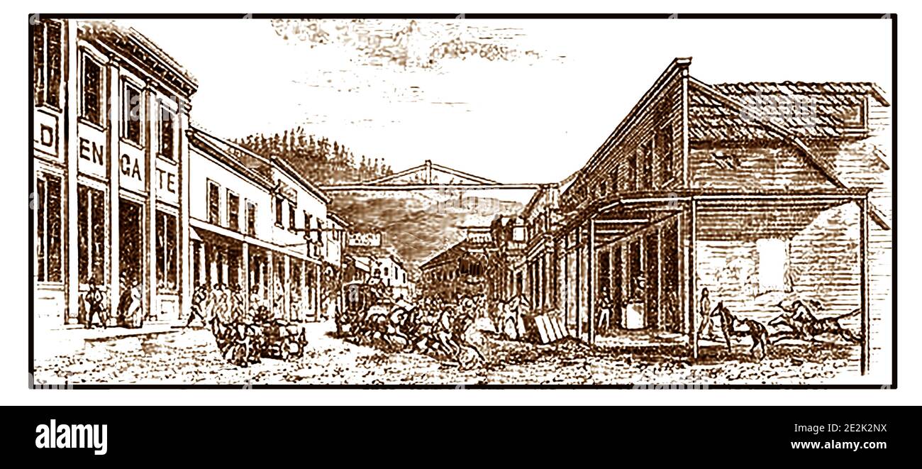 1856 - Downieville, Californie, États-Unis dans les jours qui suivent le pic de la ruée vers l'or californien. Dolieville (région des Mines du Nord) a été fondée à la fin de 1849 pendant la ruée vers l'or de Californie. Connu à l'origine sous le nom de « la fourche » en raison de sa situation géographique à la rencontre des rivières Downie et Yuba. L'or a été découvert ici par Francis Anderson (partenaire de Phil A. Haven) le 14 septembre 1849. La ville tire son nom du major William Downie (1820-1893), fondateur de la ville. Downie était un Scotsman qui avait mené une expédition pour trouver de l'or. Notoirement Josefa Segovia a été lynché dans la ville Banque D'Images