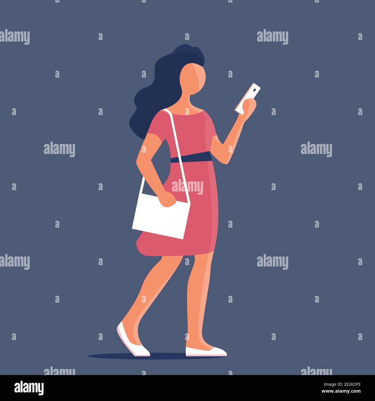 Belle fille avec un sac à main et un smartphone. En bas de la rue. Illustration plane isolée vectorielle. Illustration de Vecteur