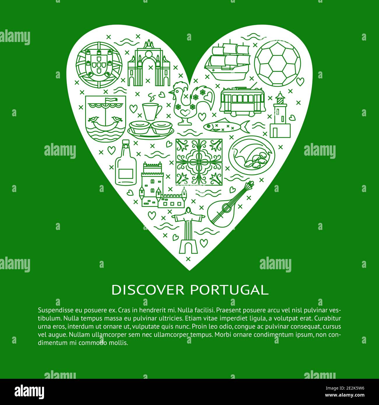 Découvrez le concept Portugal avec des icônes en style ligne. Symboles traditionnels avec culture nationale, cuisine et attractions. Modèle de bannière ou d'affiche Illustration de Vecteur