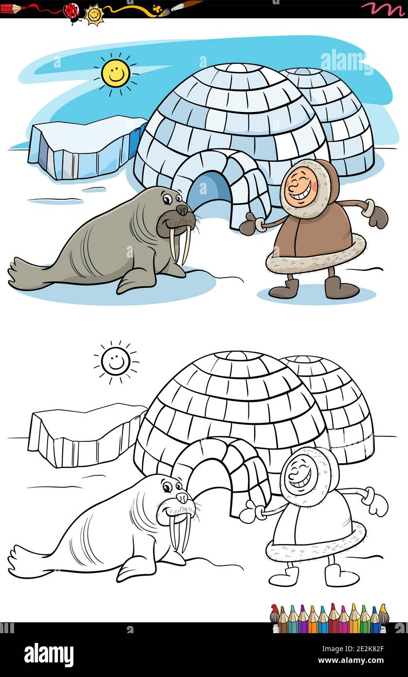 Illustration de dessin animé d'Eskimo avec son igloo et sa coloration de morse page de livre Illustration de Vecteur
