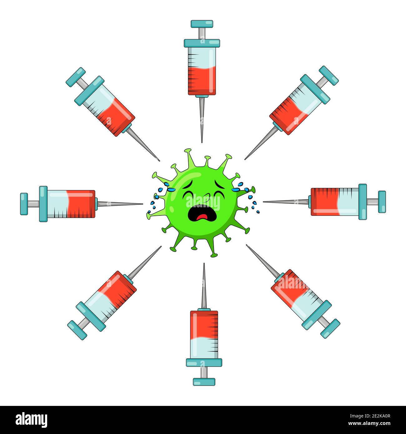 Covid-19 caractère pleurer et être peur vaccination a tiré symbole de dessin animé. Illustration vectorielle isolée sur fond blanc. Illustration de Vecteur