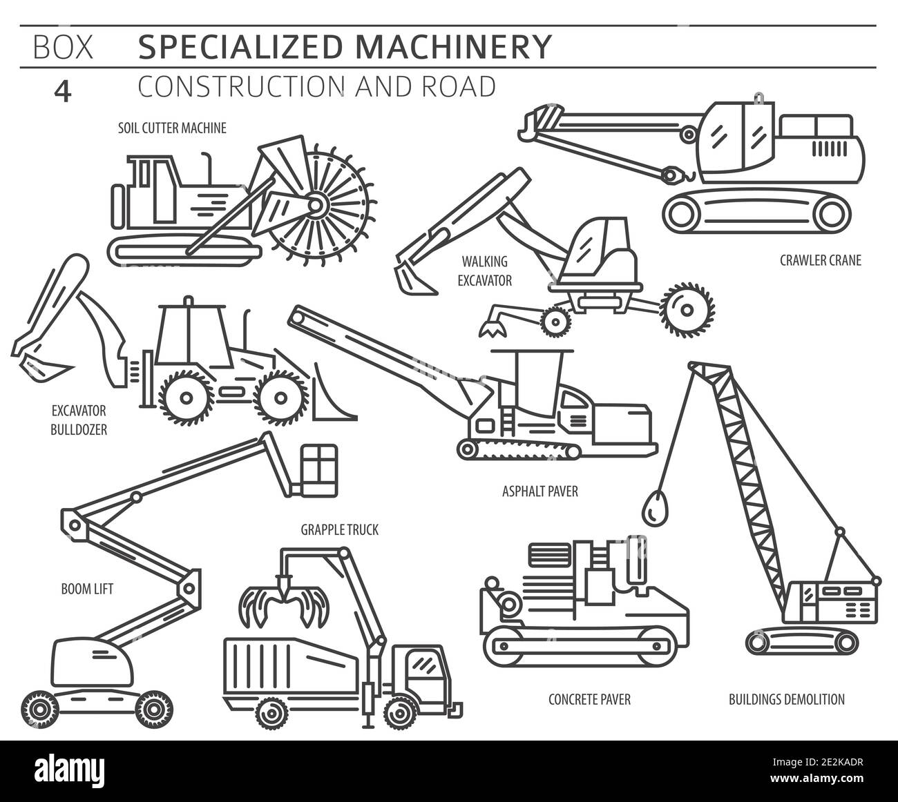 Ensemble spécial d'icônes vectorielles linéaires pour la construction industrielle et les machines routières isolées sur blanc. Illustration Illustration de Vecteur