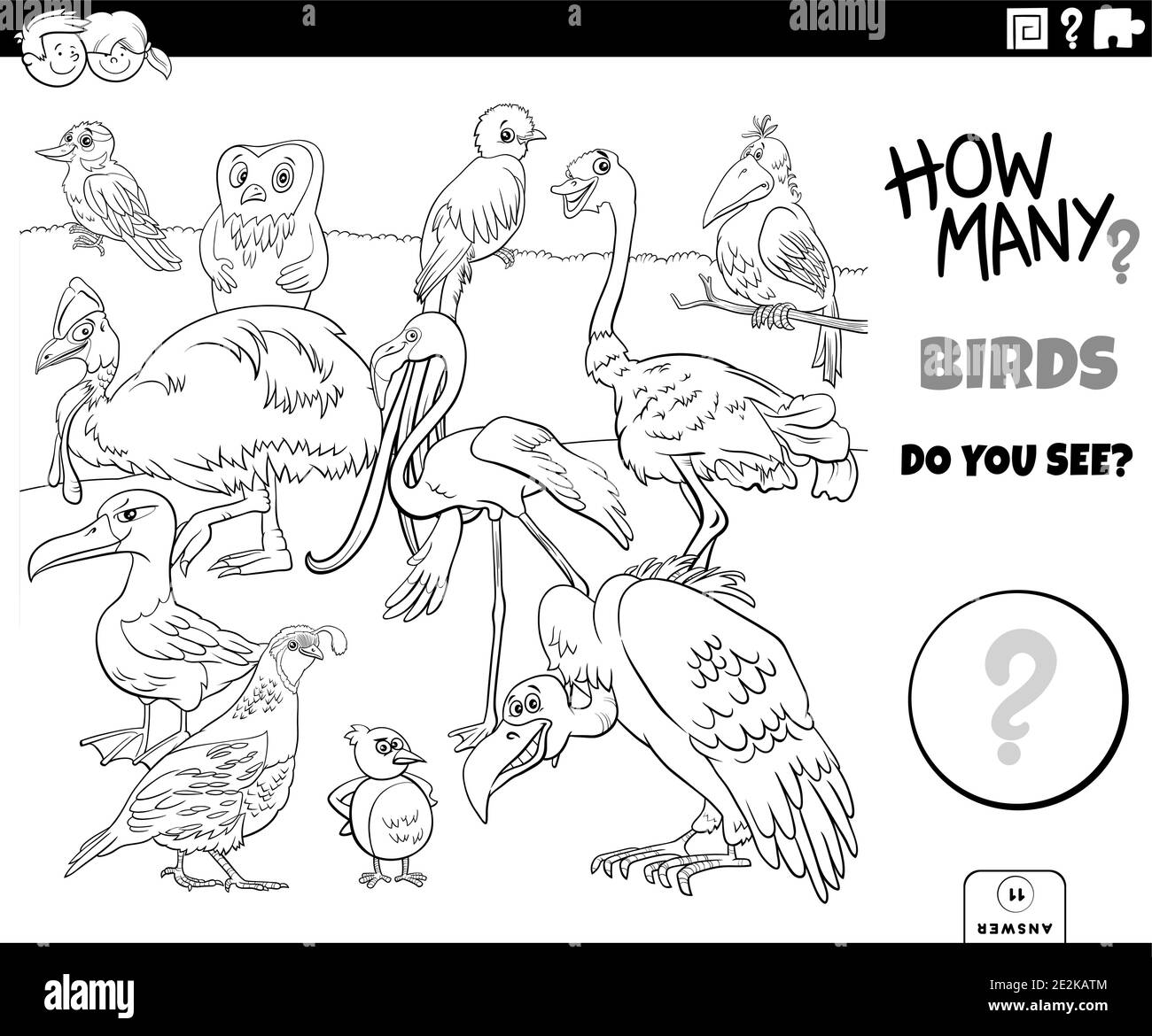 Illustration en noir et blanc du jeu éducatif de comptage pour les enfants avec des personnages animaux de bande dessinée oiseaux page de livre de coloriage de groupe Illustration de Vecteur