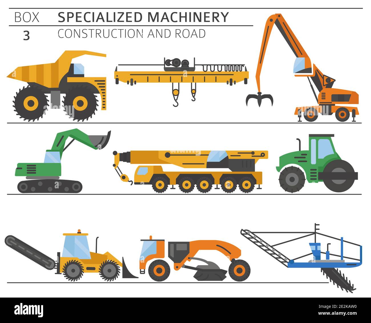 Jeu d'icônes vectorielles colorées spécial pour la construction industrielle et les machines de route isolées sur du blanc. Illustration Illustration de Vecteur