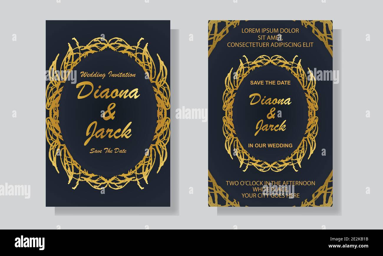 Modèle de carte d'invitation à un mariage avec motif floral noir et doré de luxe arrière-plan Illustration de Vecteur