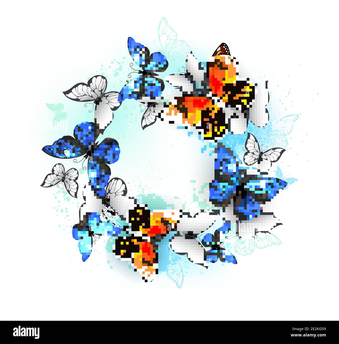 Volant dans le cercle orange monarque, blanc et bleu détaillé morpho papillons sur fond blanc. Papillon. Illustration de Vecteur