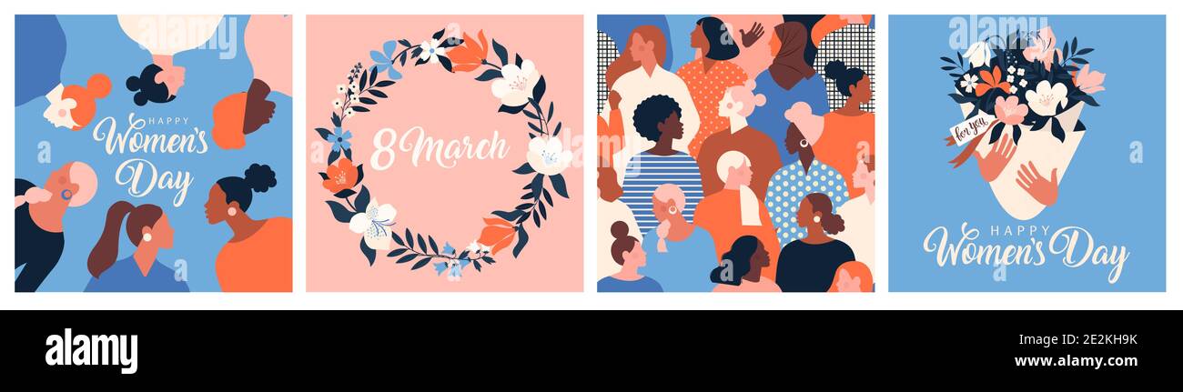 Collection de cartes de vœux ou de modèles de carte postale avec bouquet de fleurs dans un vase, couronne florale, activistes féminisme et Happy Womens Day Wish. fes moderne Illustration de Vecteur
