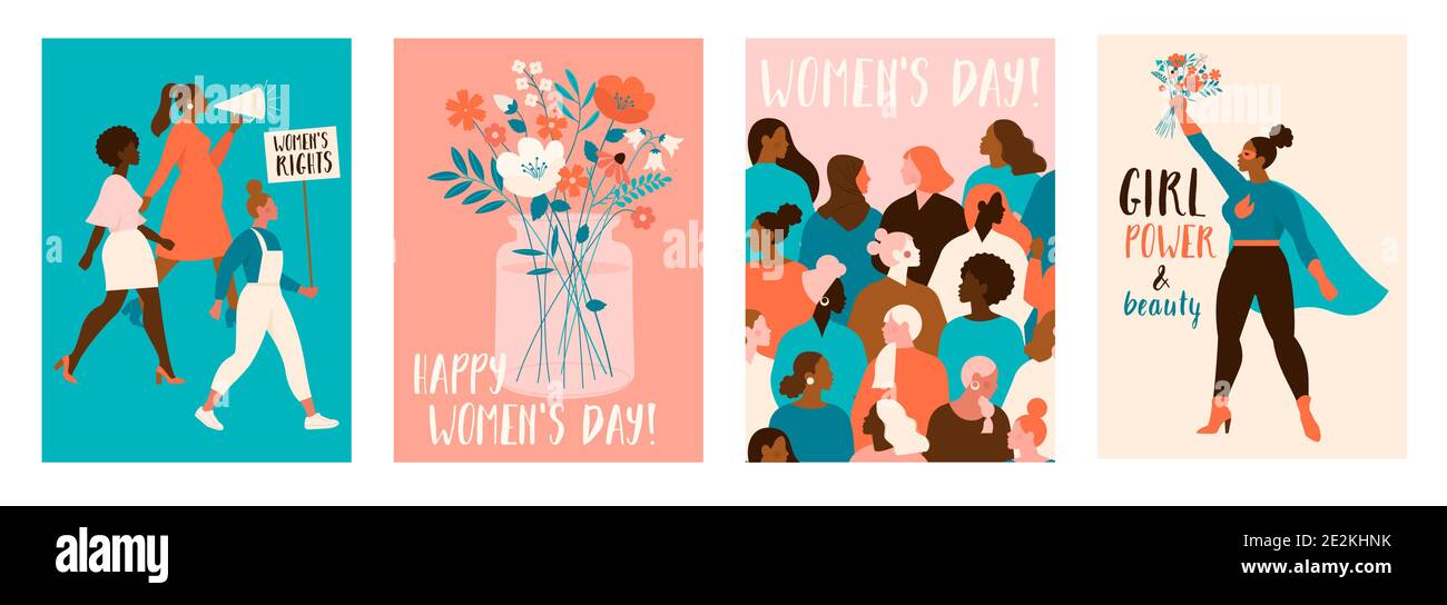Collection de cartes de vœux ou de modèles de carte postale avec bouquet de fleurs dans un vase, couronne florale, activistes féminisme et Happy Womens Day Wish. fes moderne Illustration de Vecteur