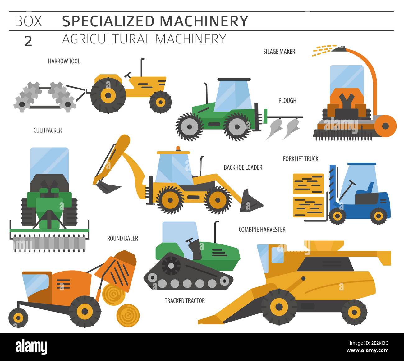 Jeu d'icônes vectorielles colorées pour machines agricoles spéciales isolées en blanc. Illustration Illustration de Vecteur
