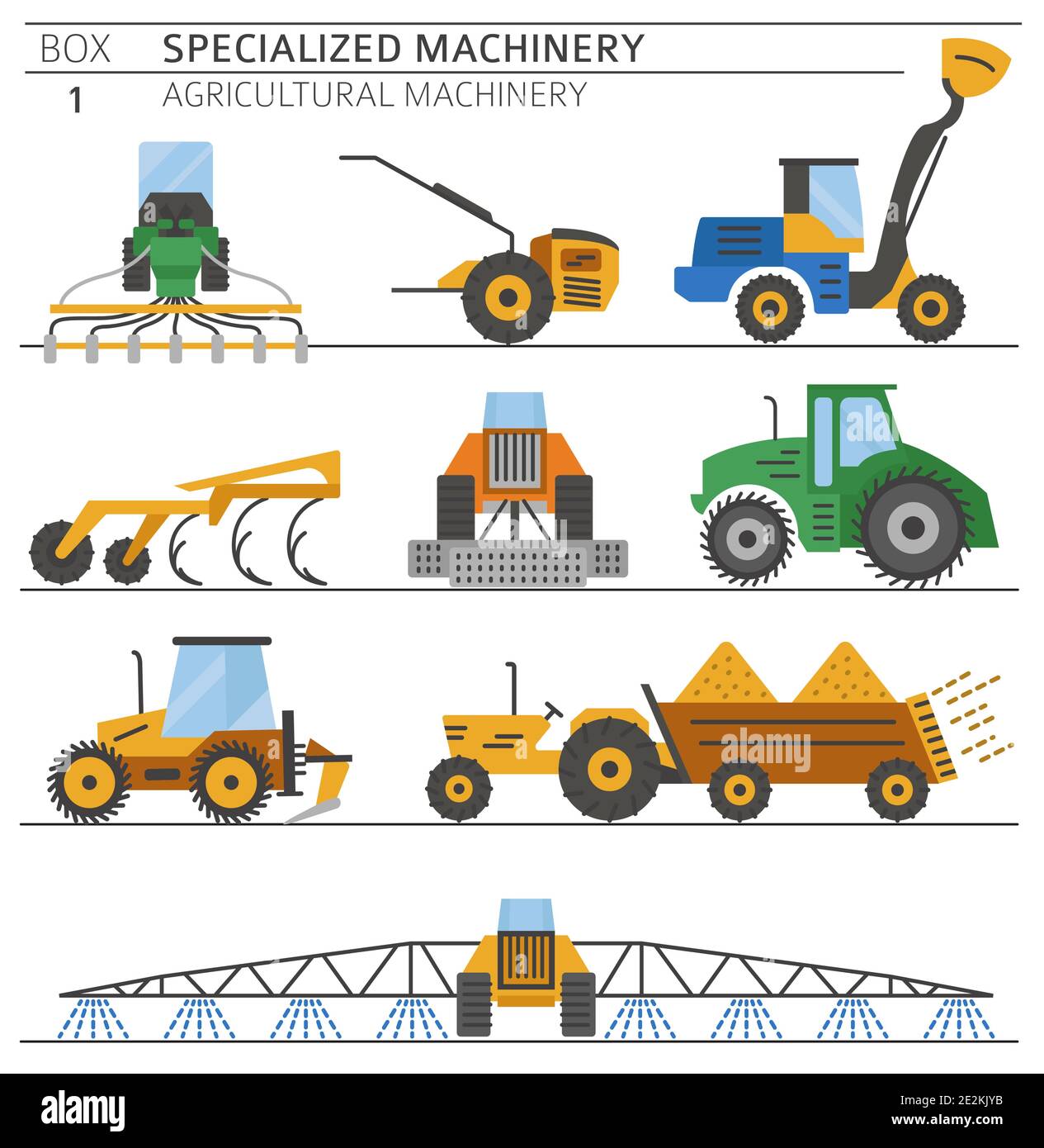 Jeu d'icônes vectorielles colorées pour machines agricoles spéciales isolées en blanc. Illustration Illustration de Vecteur