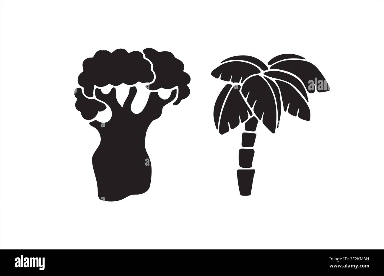 Silhouette isolée noire de baobab et de cocos. Ensemble d'arbres tropicaux. Illustration de Vecteur