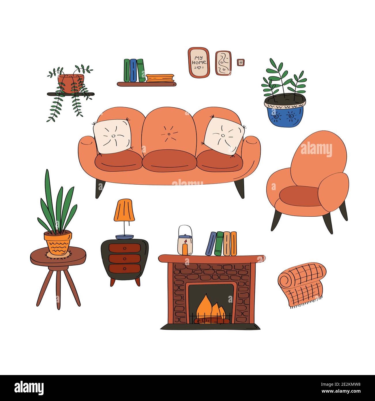 Éléments intérieurs. Détails de la maison confortable. Canapé fauteuil cheminée, table, plantes de la maison. Graphique vectoriel tracé à la main Illustration de Vecteur