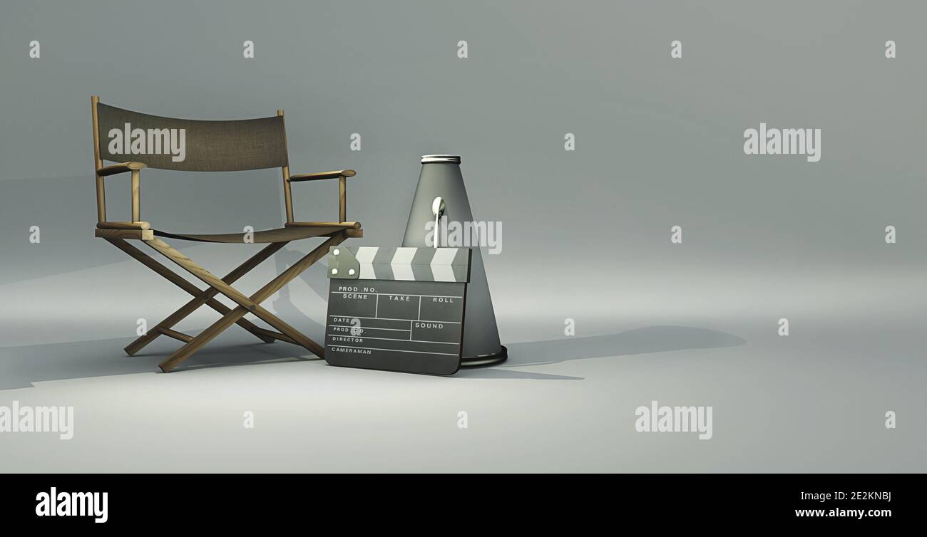 Réalisateurs concept de films avec une chaise, un clapperboard et un mégaphone vintage. Un rendu 3D avec un espace de copie pour le texte Banque D'Images