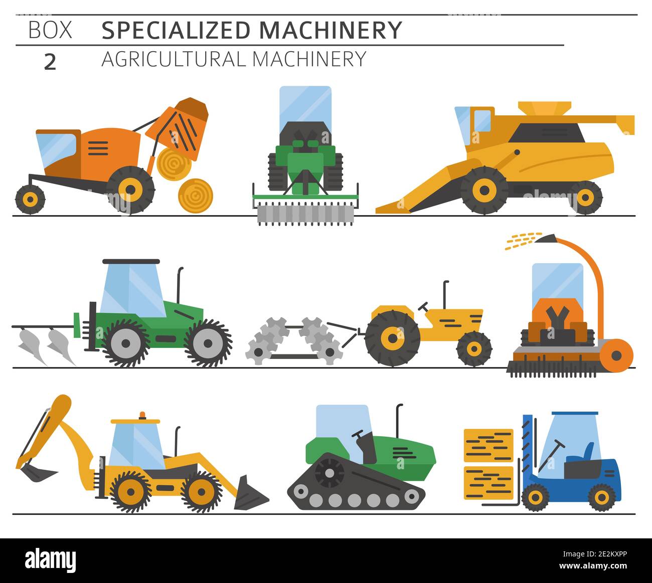 Jeu d'icônes vectorielles colorées pour machines agricoles spéciales isolées en blanc. Illustration Illustration de Vecteur