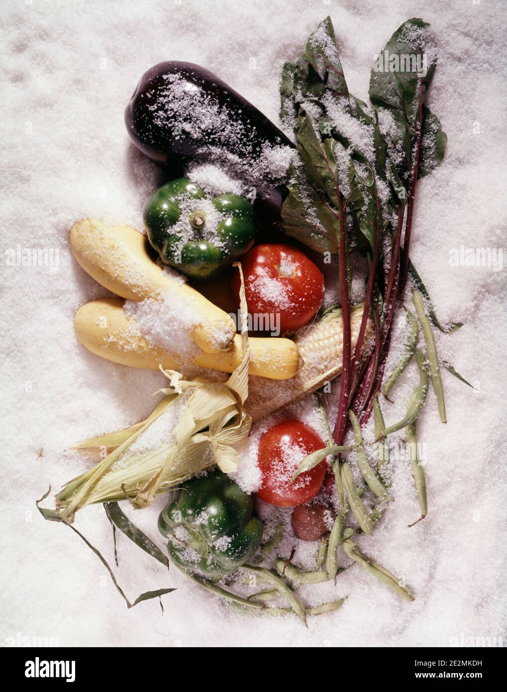 ANNÉES 80 LÉGUMES ALIMENTAIRES CONGELÉS DANS LE MAÏS NEIGE POIVRONS DE COURGE TOMATES HARICOTS VERTS - KF18648 DAS001 HARS À L'ANCIENNE Banque D'Images