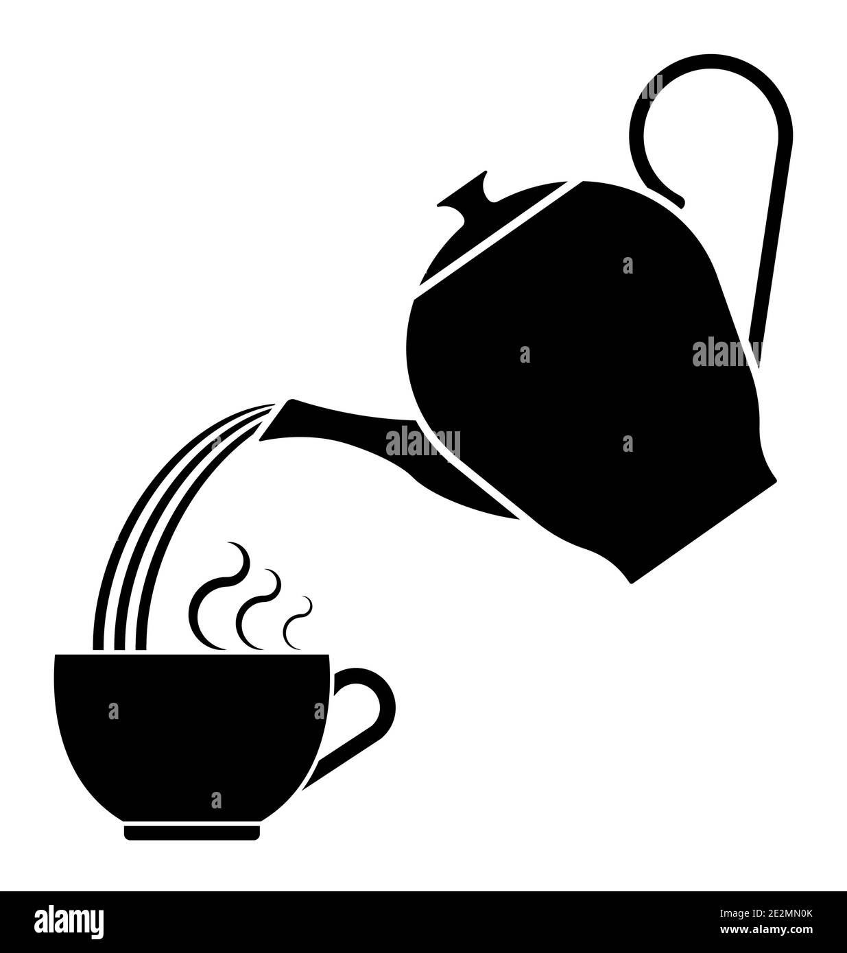 une silhouette emblématique de théière pour boire du thé verse de l'eau chaude dans une tasse. Ustensiles pour le petit-déjeuner. Vecteur noir et blanc Illustration de Vecteur