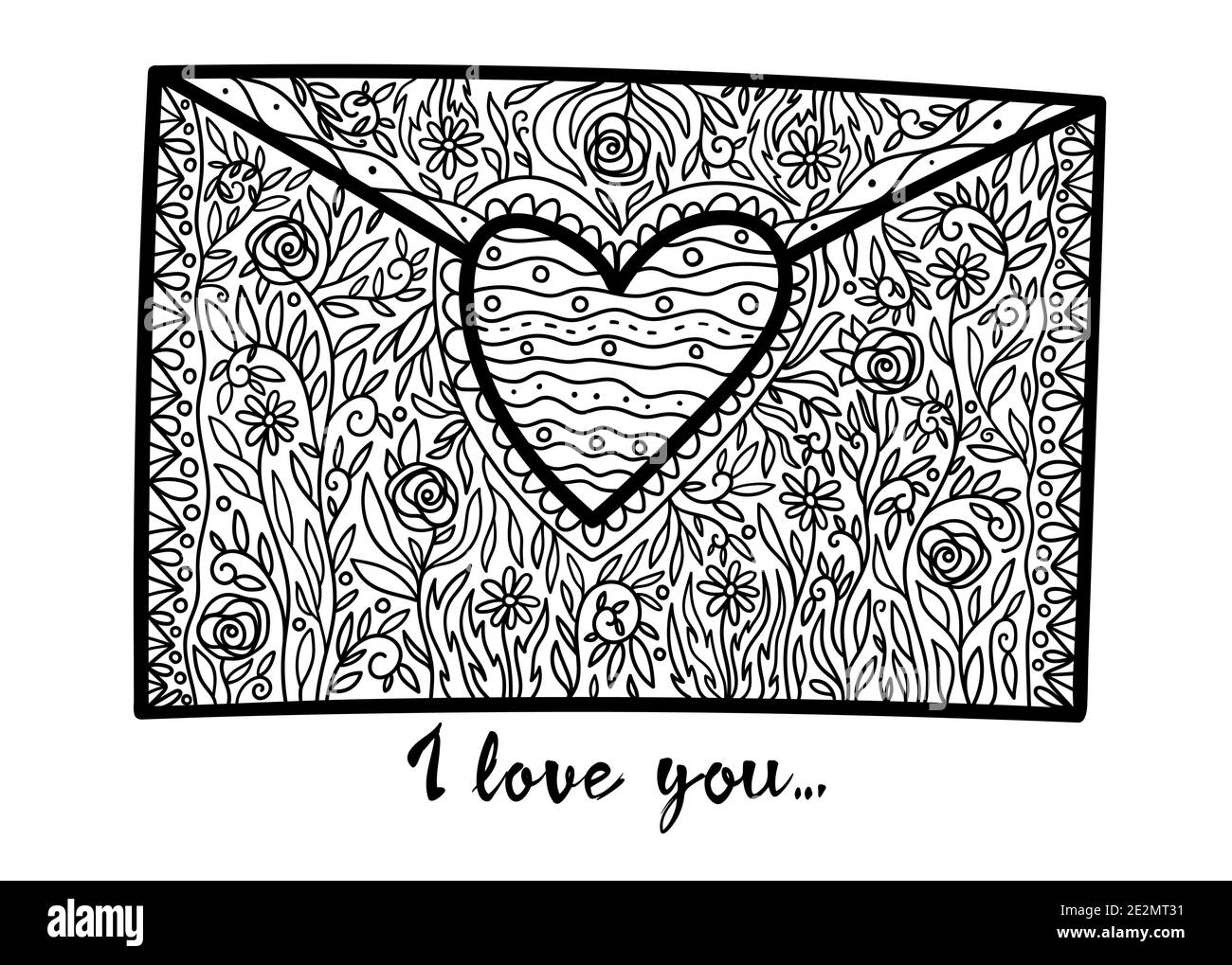 Livre de coloriage pour le thème de la Saint-Valentin. doodle antistress lettre de courrier avec coeur dessinée à la main. Style zen enchevêtrement. Carte de vœux Illustration de Vecteur