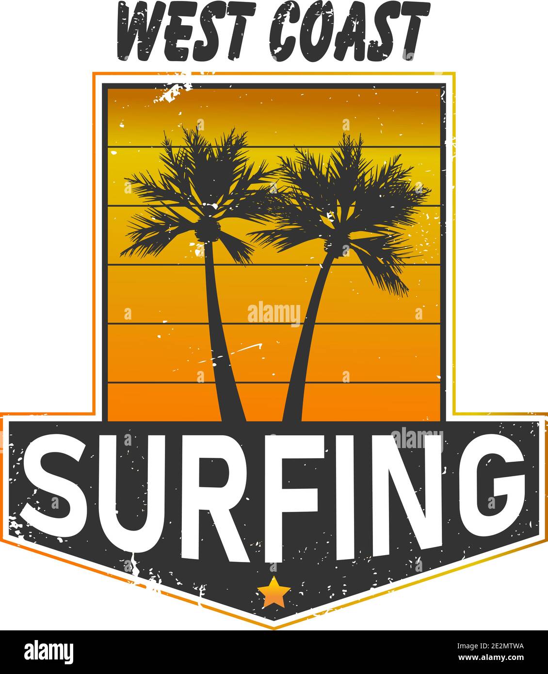 Étiquette de surf vintage. Côte ouest de la Californie. Illustration vectorielle pour la conception de planches de surf avec dégradé moderne. Illustration de Vecteur