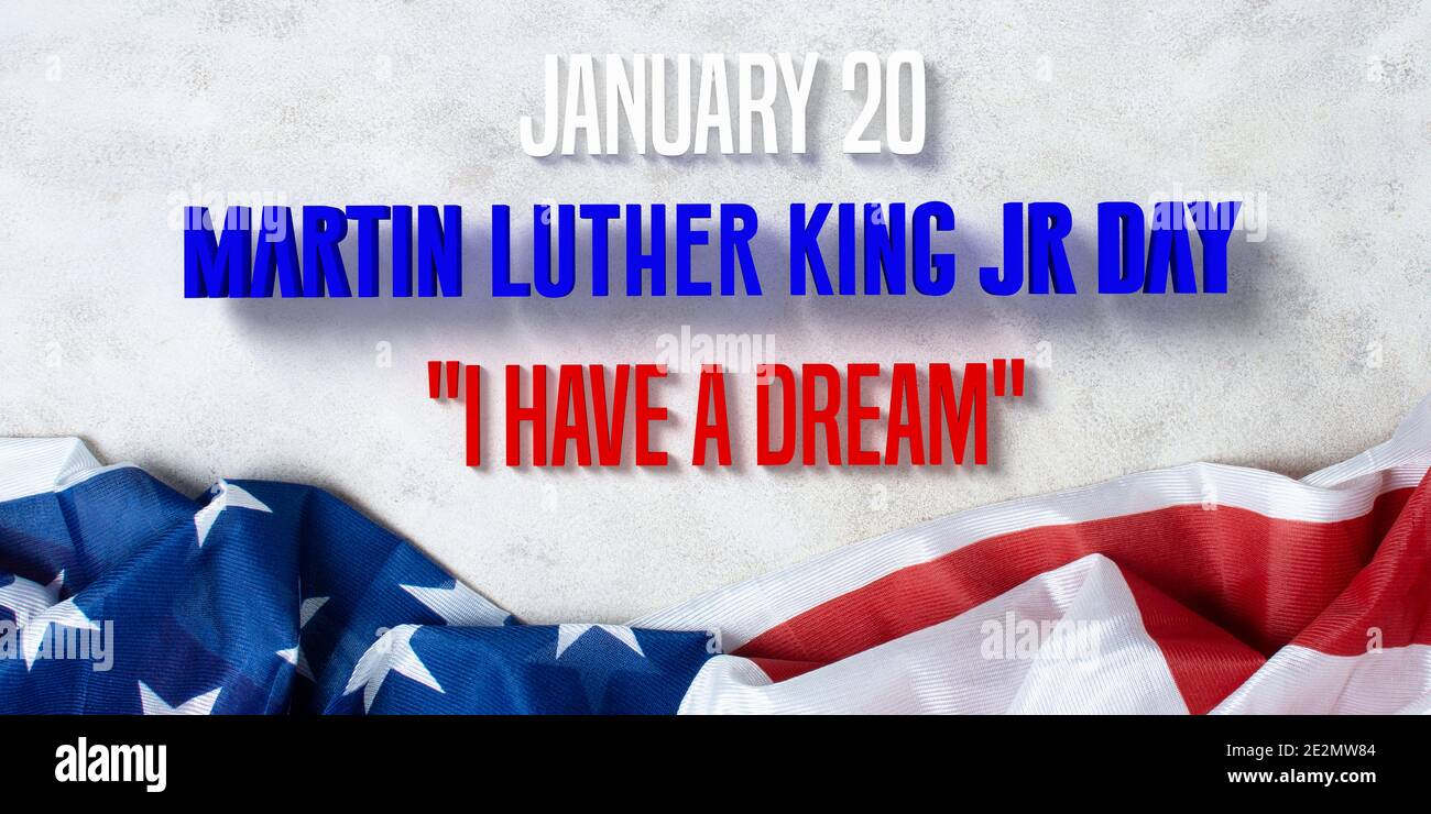 Martin Luther King Day concept. Le mégaphone 3D rendu et moi avons un rêve MLK texte de jour en couleurs de drapeau américain Banque D'Images