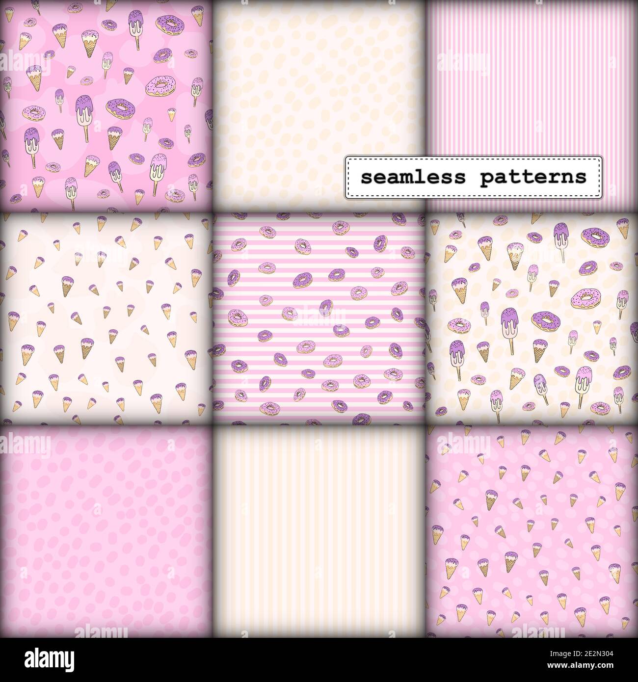 ensemble de motifs sans couture, dessins animés bonbons beignets et crème glacée, délicates couleurs rose pastel beige lilas. motifs pour l'impression emballage papier banderoles textiles tissus. Illustration de Vecteur