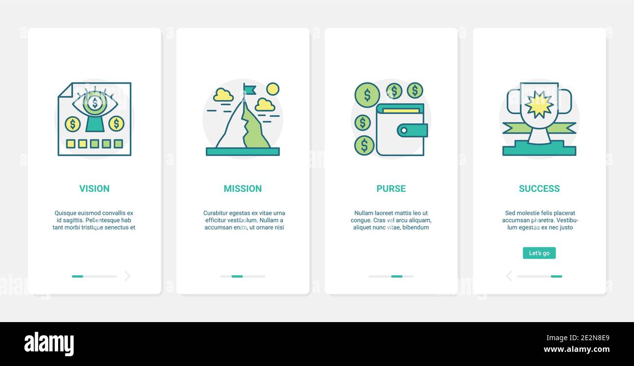 Finance illustration d'un vecteur commercial réussie. UX, UI Onboarding mobile application page écran set avec ligne de gestion financière résumé succès technologique avec vision mission portefeuille symboles Illustration de Vecteur