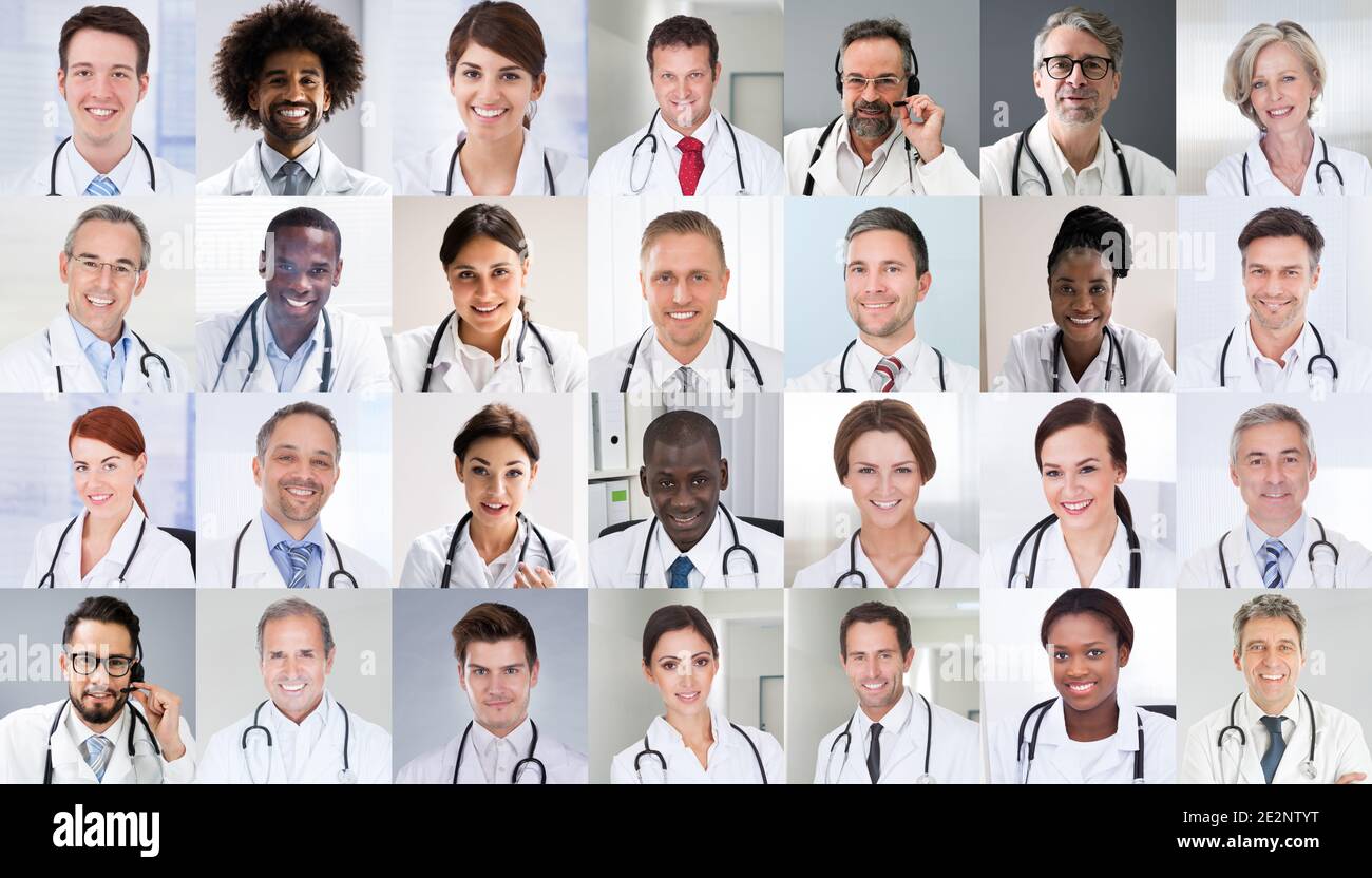 Multi-ethnique Doctor faces photo collage. Différents Portraits Banque D'Images
