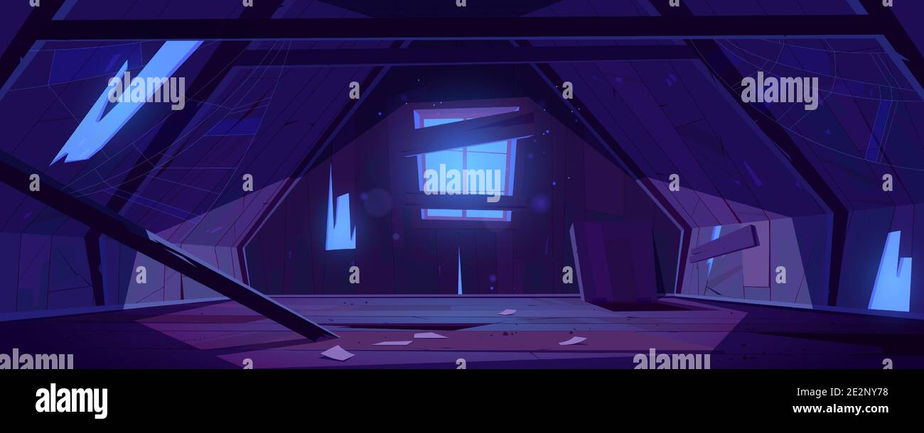 Vieux grenier dans la maison abandonnée la nuit. Dessin animé vecteur intérieur de la pièce de garret avec toit cassé, mur et poutres, désordre et toile de araignée. Vider la mansarde désordonnée avec le hayon dans le plancher et le clair de lune de la fenêtre Illustration de Vecteur