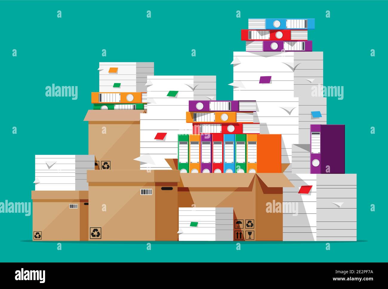 Pile de dossiers, boîtes en carton et documents en papier. La paperasserie ou la bureaucratie. Piles de papiers désordonnés désorganisés, routine de bureau. Illustration vectorielle plate de dessin animé isolée Illustration de Vecteur