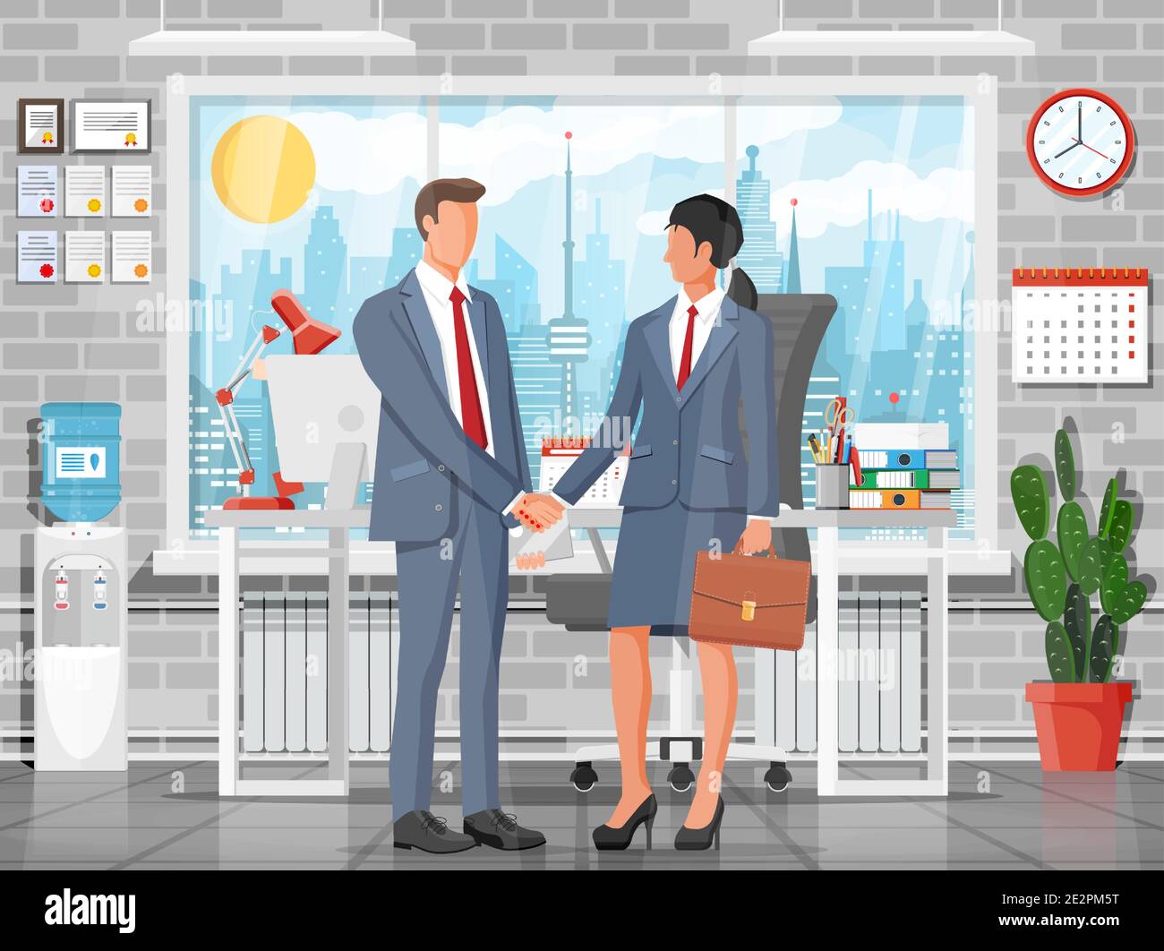 Homme et femme en costume d'affaires avec l'étui et l'ordinateur portable qui se secouent les mains. Relations de partenariat concept. Poignée de main des partenaires commerciaux. Transaction, transaction réussie. Illustration vectorielle plate Illustration de Vecteur