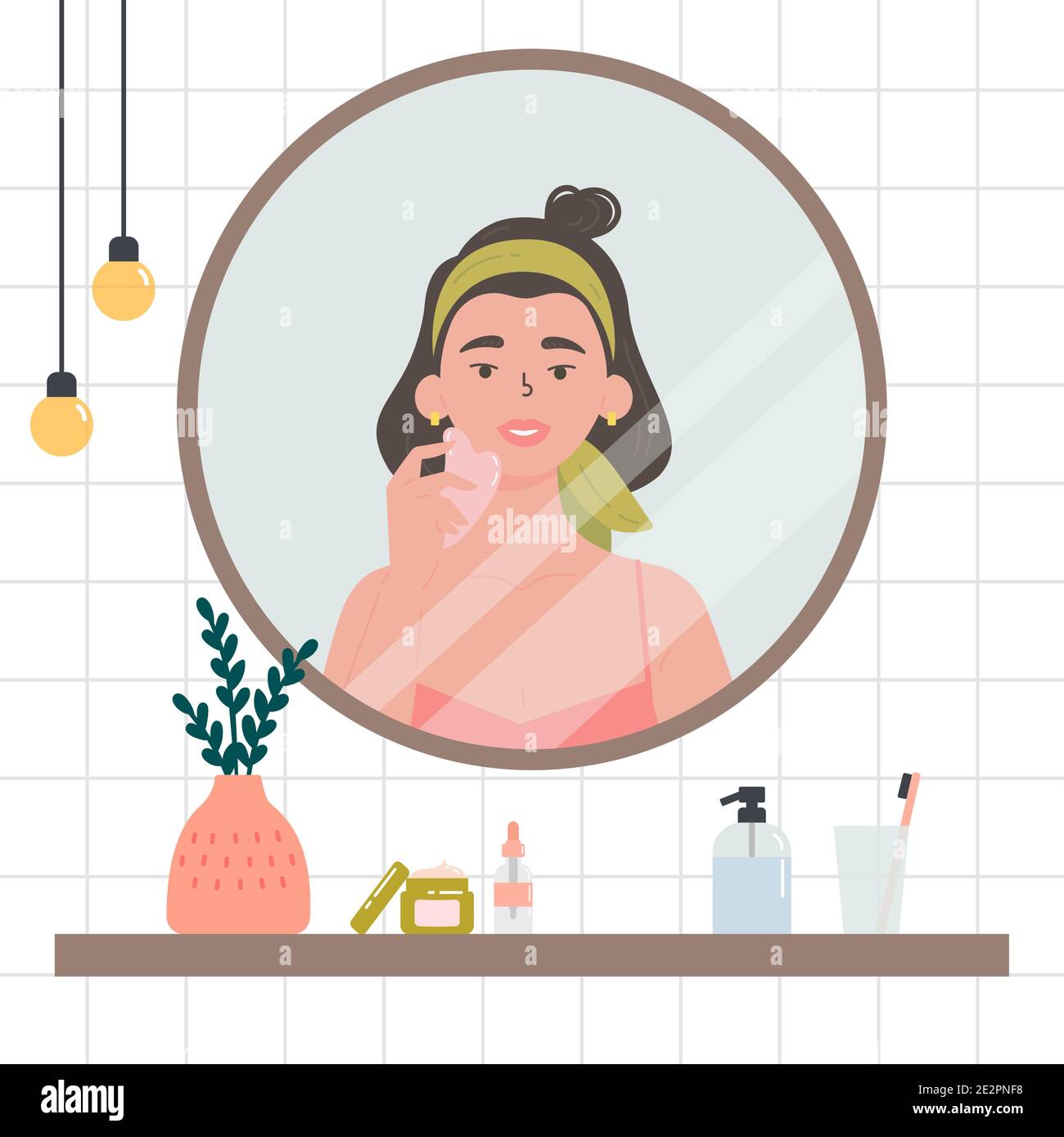 Femme à la recherche dans le miroir. Illustration de Vecteur
