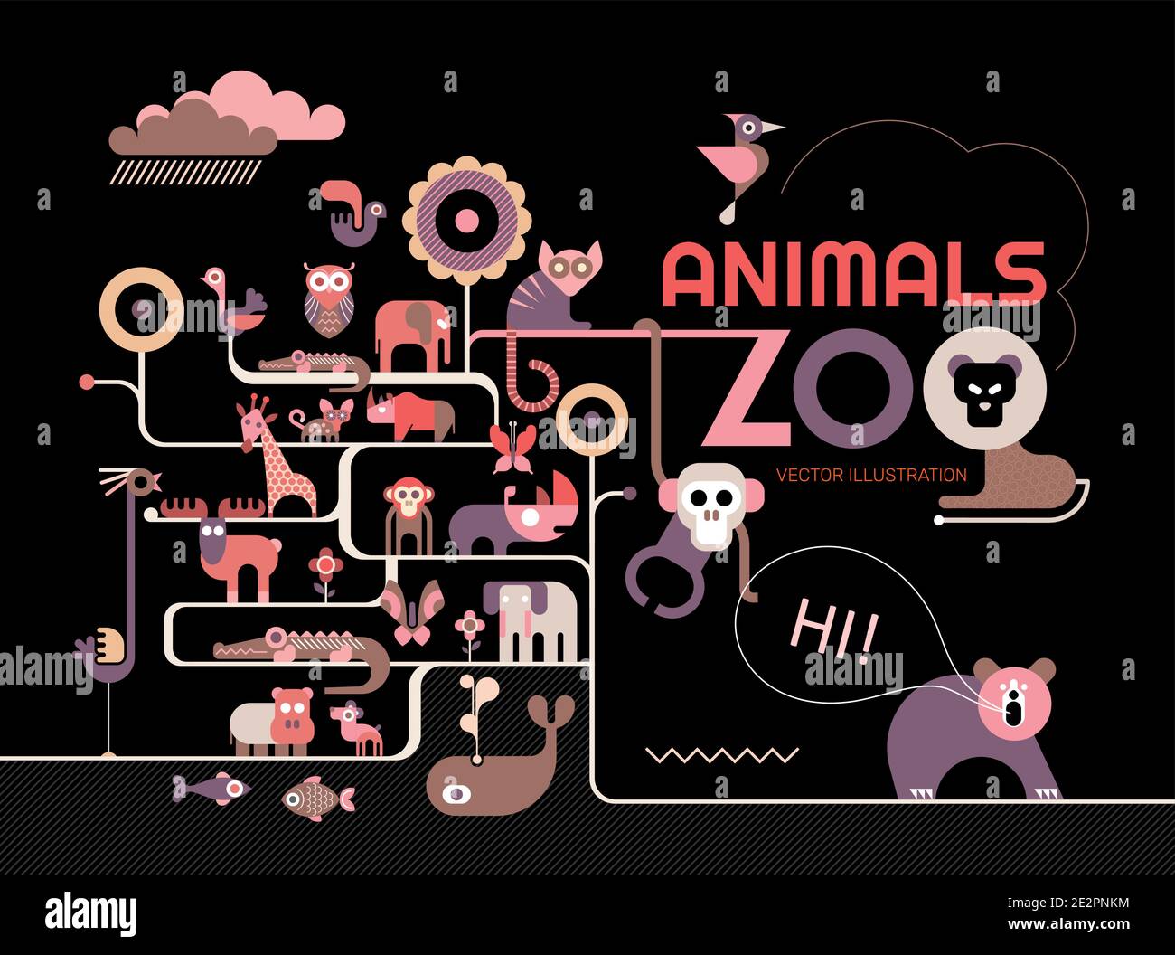 Illustration vectorielle avec de nombreuses icônes différentes d'animaux, d'oiseaux et de poissons sur fond noir. Concept des animaux de zoo. Illustration de Vecteur