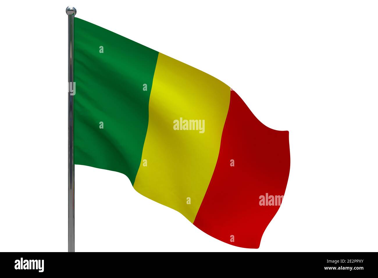 Drapeau du Mali sur la perche. Mât métallique. Drapeau national du Mali illustration 3D isolée sur blanc Banque D'Images