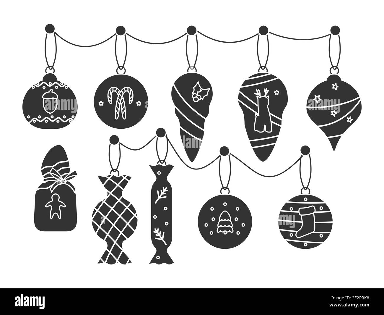Ensemble de décorations pour boules de sapin de Noël. Jouets de Noël en glyphe noir, décorations de Noël, glaçons, boule de bonbons. Célébration du concept de la nouvelle année. Décoration sobre et rétro aux arbres de Noël. Isolé sur une illustration vectorielle blanche Illustration de Vecteur