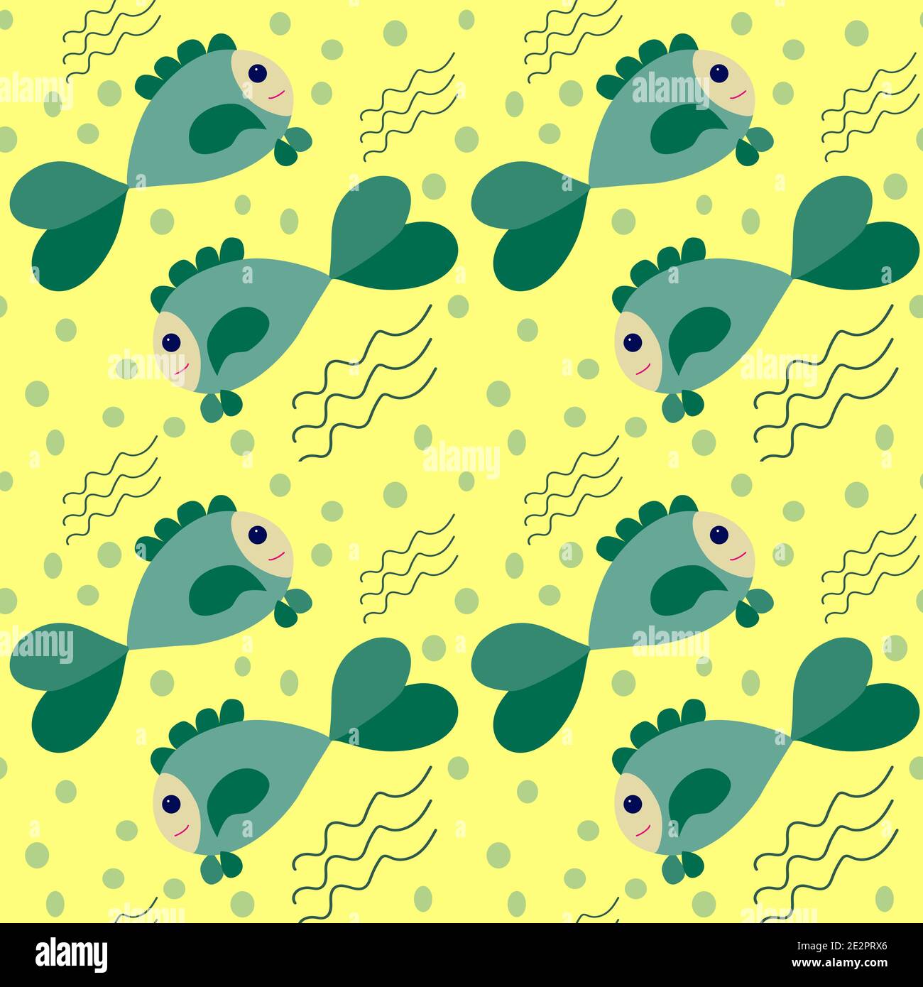 motif sans couture vert et émeraude dessinés poisson drôle, bulles bleues et lignes ondulées sur fond jaune Illustration de Vecteur