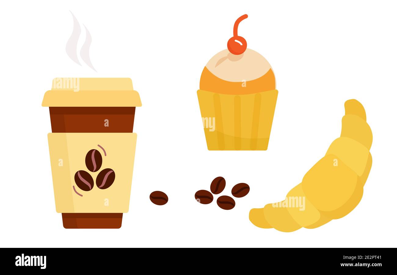 Tasse de café avec croissant, gâteau. Pause café. Tasse à café en papier. Vector Design pour le marquage ou les publicités. Illustration de Vecteur