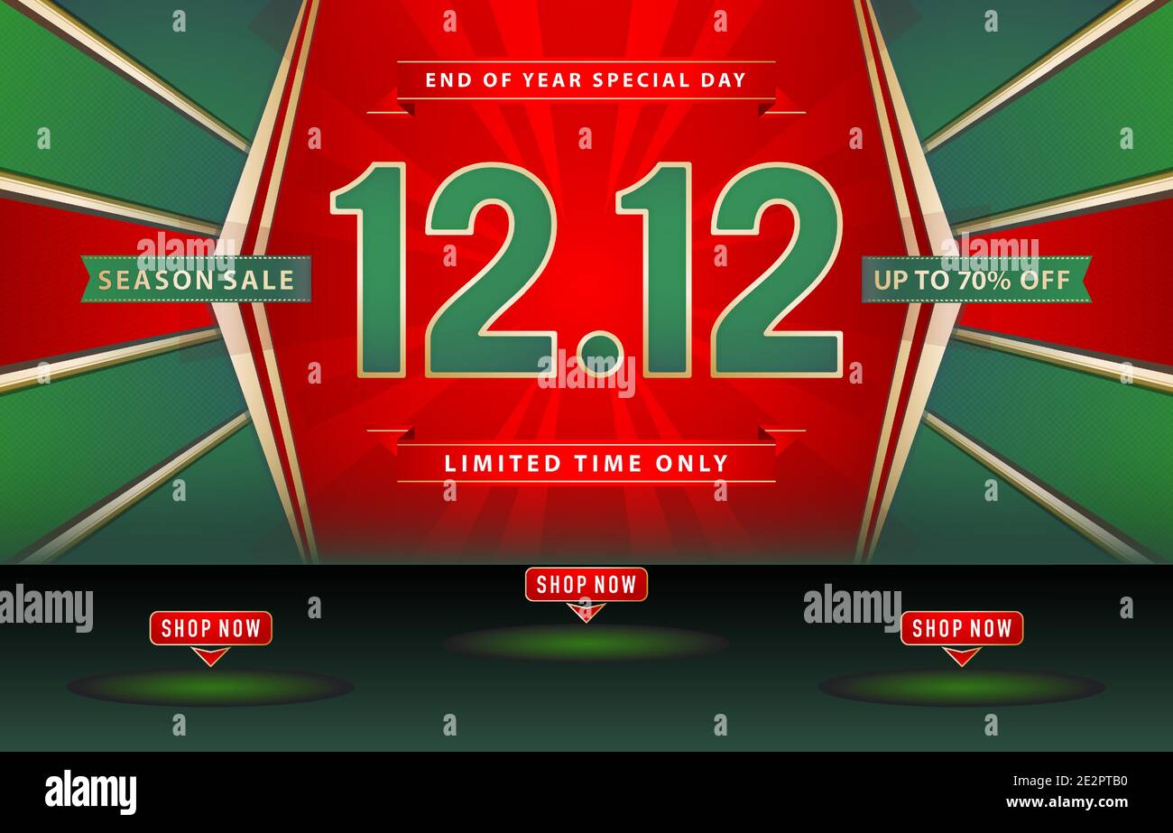 12.12 vente, 12.12 vente en ligne, fin de l'année Vente bannière tidewater vert et rouge avec ruban, modèle de flèche, affiche de boutique en ligne, pour poster, design de circulaire Illustration de Vecteur